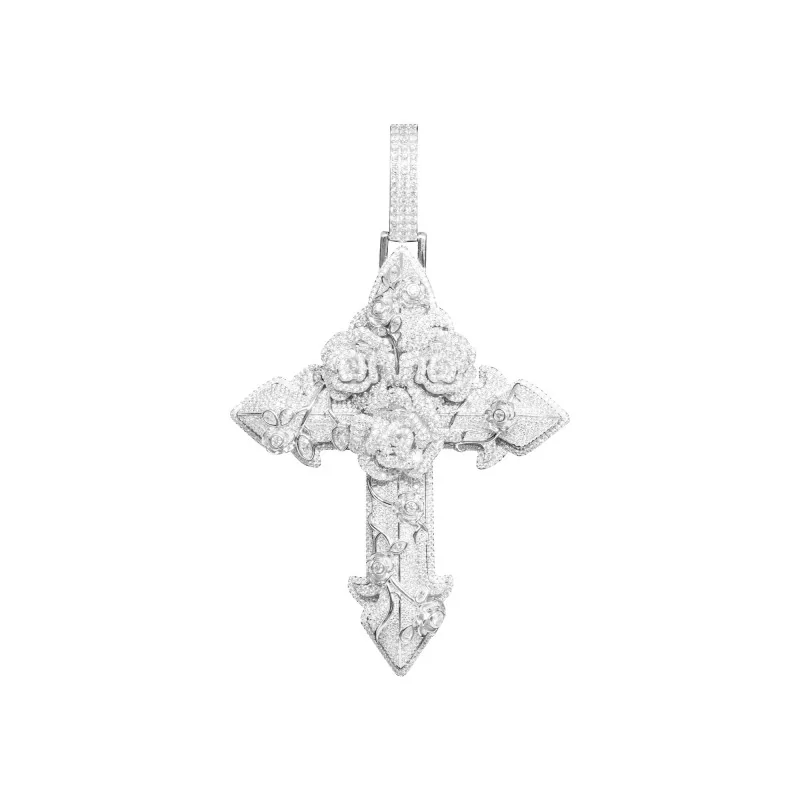 Achetez le bijoux Cross & Roses Pendant - Silver 925 - Moissanite chez Dreamgold Paris