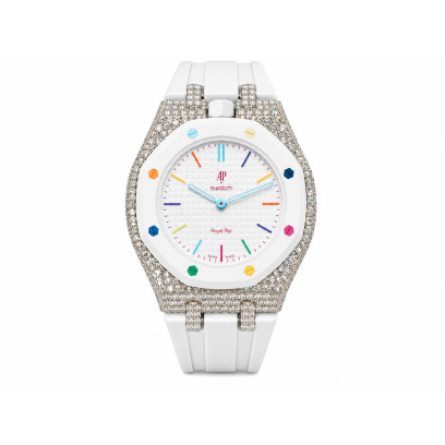 Achetez le bijoux AUDEMARS PIGUET & SWATCH - ROYAL POP HUIT BLANC CUSTOM - MOISSANITE & SILVER chez Dreamgold Paris